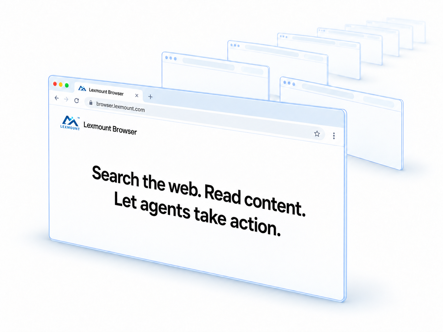 Lexmount Browser cloud browser pool: a left-facing foreground browser with the brand and core headline, backed by windows receding into the distance.